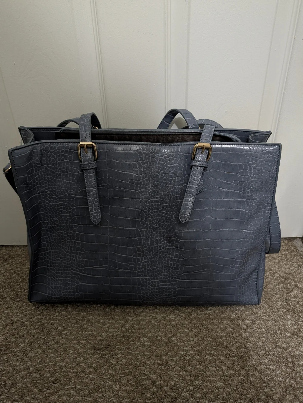 Lovevook Lap Top Tote Croc-Embossed Leather Tote Bag in Blue -